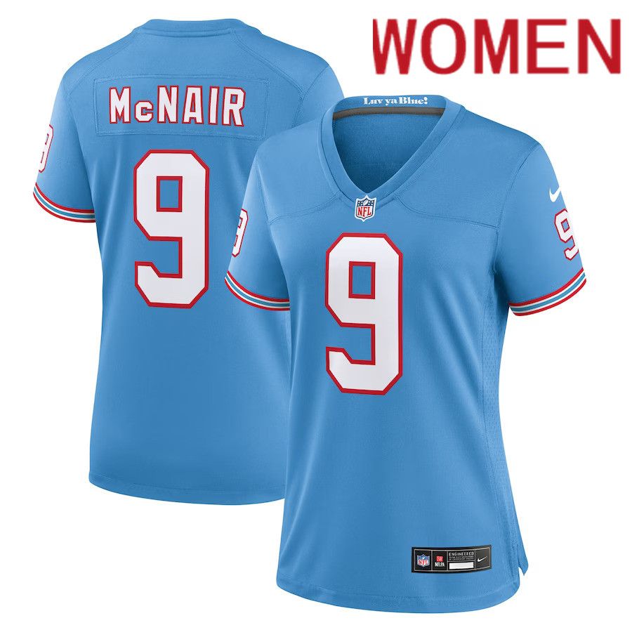 Women Tennessee Titans 9 Steve McNair Nike Light Blue Oilers Throwback Retired Player Game NFL Jersey